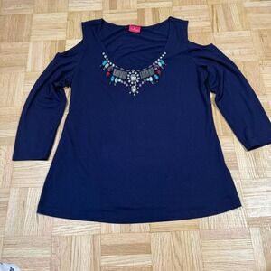 ✨3 for $20 Together Navy Blue Cold Shoulder‎ Embellished V-Neck 3/4 Sleeve Top M